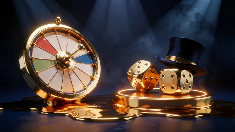 Game show-scene med guldhjul, guldterninger og h&oslash;j hat - illustration til Monopoly Live