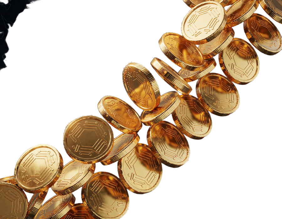 Diagonal str&oslash;m af tykke guldm&oslash;nter med fine gnister - symbol for kryptobetalinger hos Goldbet