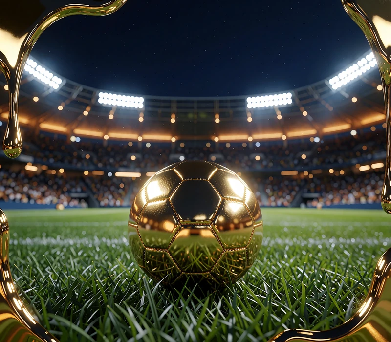 Fodbold i guld p&aring; gr&oslash;nt gr&aelig;s foran et oplyst stadion om aftenen - Goldbet sportsbook