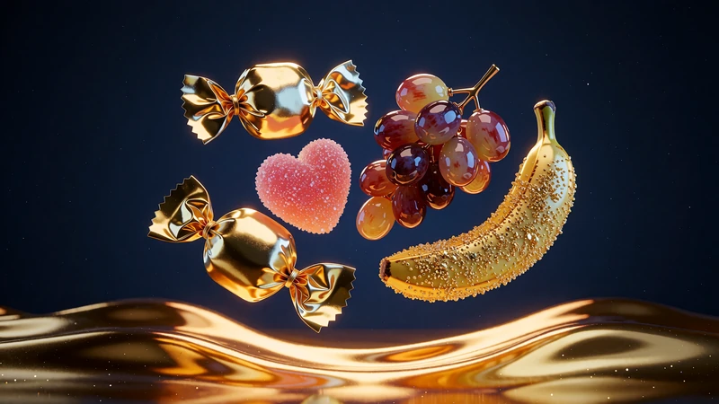 Glinsende slik og frugt i guldfolie mod m&oslash;rkebl&aring; baggrund - illustration til slotten Sweet Bonanza
