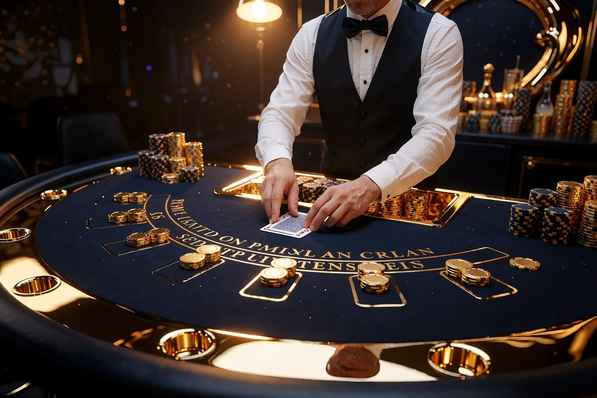 Dealer i hvid skjorte og sort vest deler kort ved et navybl&aring;t blackjackbord med guldkant i live casinoet