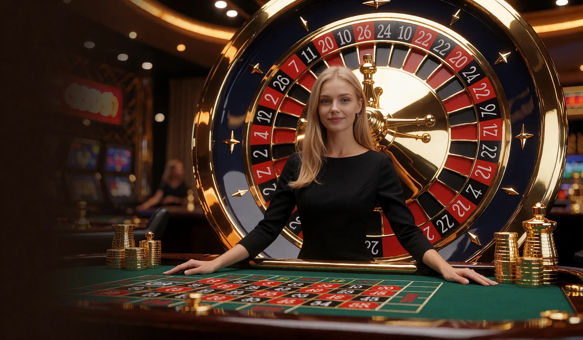 Dealer i sort kjole ved et gr&oslash;nt rouletteبord foran et stort roulettehjul i live casinoet
