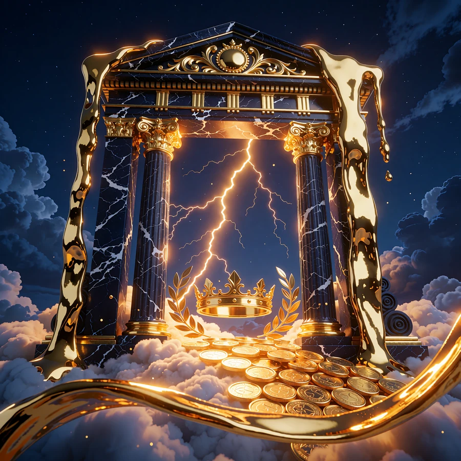 Gyldent tempel med s&oslash;jler og lyn mellem skyerne - illustration til slotten Gates of Olympus