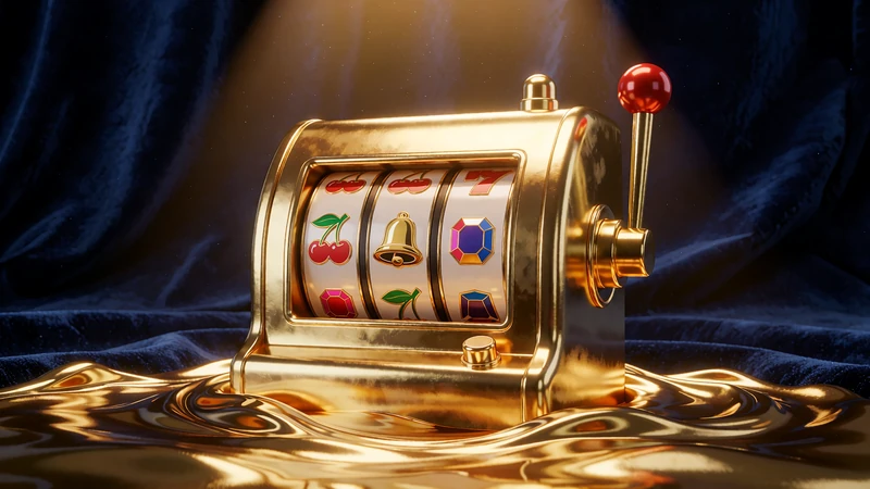 Klassisk spilleautomat i guld med tre hjul og h&aring;ndtag - indgang til hele slotkataloget